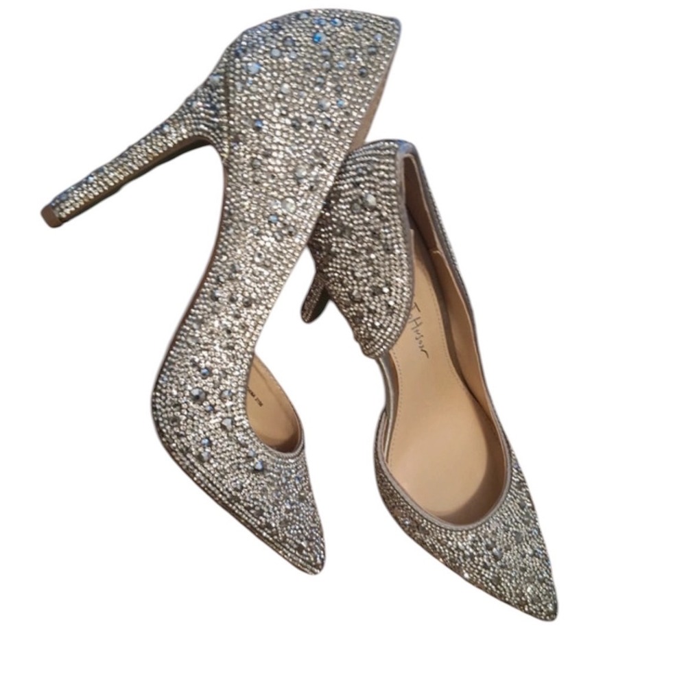 Betsey Johnson Rhinestone Pumps Silver Glam Mob Wife Statement Heels 6 Blue Sole